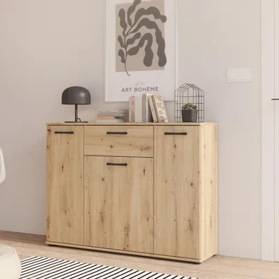 Produktbild von Forte NIKO Sideboard 110, Skandi-Kommode, 3-türig, 1 Schublade, Holzwerkstoff, Wohn-/Schlafzimmer, Artisan Eiche Holzdekor, 109,6 cm breit x 81,7 cm hoch x 29,1 cm tief