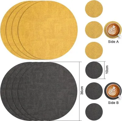 Produktbild von Famanu Platzmatte rund und Untersetzer - Grau Gelb, 4er Set