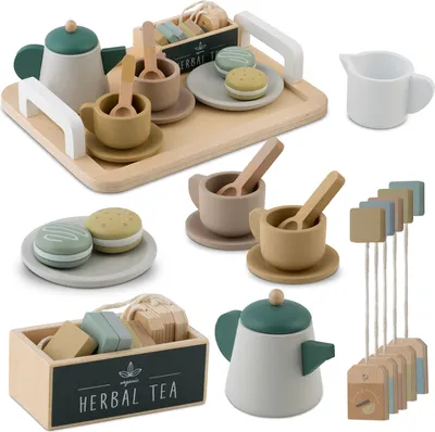 A collection of images showing a wooden toy tea set from multiple angles.
