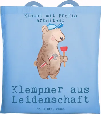 Produktbild von Mr. & Mrs. Panda Jutebeutel Klempner Leidenschaft - Sky Blue - Geschenk, Meister, Handwerker, festival tasche, Baumwollbeutel, Spruch, Tote Bag, Einkaufstasche