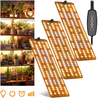 A collage showing indoor plants on shelves and three LED grow light panels with a controller.