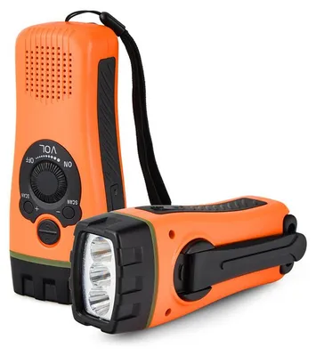 Produktbild von Handkurbel Taschenlampe mit Radio – LED, wiederaufladbar (80mAh), tragbar – Für Camping, Notfall & Outdoor (Orange/Schwarz)