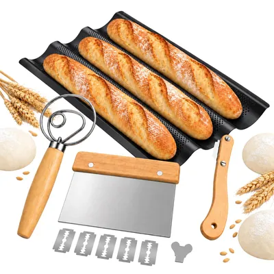 Produktbild von Baguette Backform inkl. Dänischer Schneebesen u. Bäckermesser - 3er Baguette-Backblech - Ideal als Baguetteblech, Brotbackform