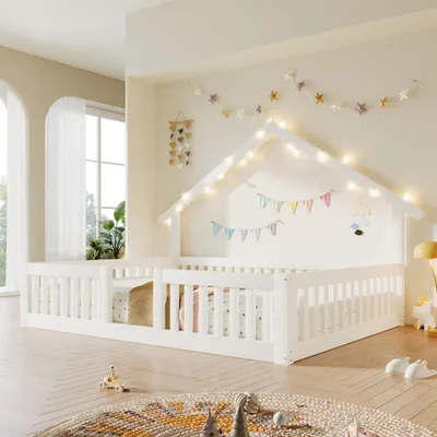 Produktbild von Merax Kinderbett Hausbett 140x200cm, Jugendbett aus Holz mit Rausfallschutz, LED-Lichterkette, Sicherheitsgitter, Bodenbett, Weiß