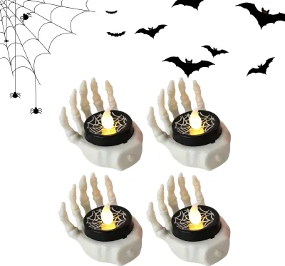 Produktbild von 4X Halloween Deko LED Kerzen, Skelett Hand LED Kerzen Batteriebetriebene Flammlose Kerzenlicht LED Teelichter für Halloween Deko Innen Outdoor deko