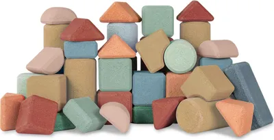 A collection of colorful wooden building blocks stacked in a playful arrangement.