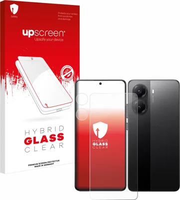 A product shot of a phone screen protector packaging and the phone it is designed for.