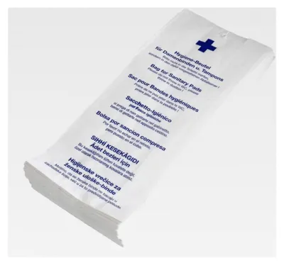 Produktbild von Hygienebeutel, Papier, Weiß mit Druck, zu 100 Stück gefädelt, 12x6x28 cm, 1000 Stück