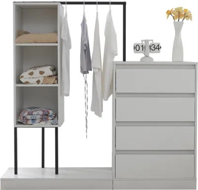 Produktbild von Schubladenschrank Kleiderschrank-Set weisser Kommode Sideboard Kleiderstange Nachttisch Schlafzimmerschrank B140/W40/H135 Weiss