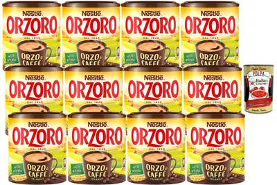 Produktbild von Italian Gourmet Orzoro Orzo & Kaffee Solubile 12 x 120 g, Instant Getränk aus Gerste & Kaffee, löslich für Tasse oder Latte, intensiver Geschmack, warm oder kalt + Italian Gourmet polpa