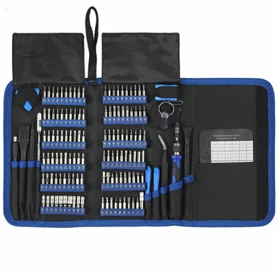 A tool kit for electronics repair, laid out flat.