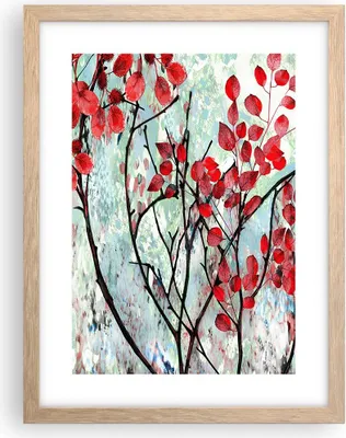 Produktbild von Gerahmtes Poster - Rahmen in heller Eiche - Rot Blätter Zweige - 30x40 cm - Wand Bild - Wanddeko - Wandbilder - Kunstposter - Wandposter - Bilderrahmen - Bilder - Kunstdruck - P2NPA30x40-4508