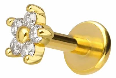 Produktbild von Ohrpiercing, Nasenpiercing Titan Labret mit Innengewinde + 925er Silber Aufsatz MOISSANIT-BLUME Gold Stablänge: 7mm | Stabstärke: 1,2mm