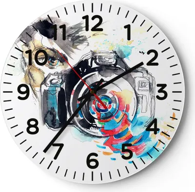 Produktbild von Wanduhr - Rund - Glasuhr - Fotograf Kamera Fokus Hobby - 30x30cm - Schleichendes Uhrwerk - Lautlos - zum Aufhängen bereit - Dekoration Modern - Wanddekoration aus Glas - C4AR30x30-3022