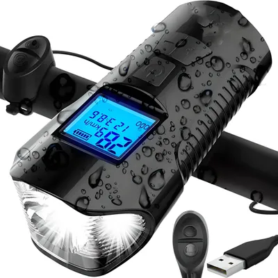 Produktbild von LED Fahrradlicht 5in1 mit Fahrradcomputer, Fahrradklingel, wasserdichtes Frontlicht, USB Akku wiederaufladbar, 300 Lumen, für E-Bike & MTB, Retoo