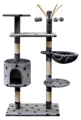 Produktbild von Katzen-Kratzbaum 125 cm Grau mit Pfotenmotiv, Katzenmöbel, Kratztonne für Katzen, Aktivitätskratzbäume, Katzenzubehör