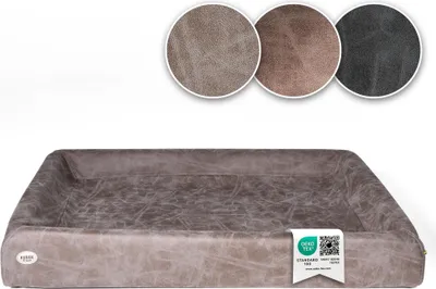A dog bed with three circular swatches showing different color options above it.