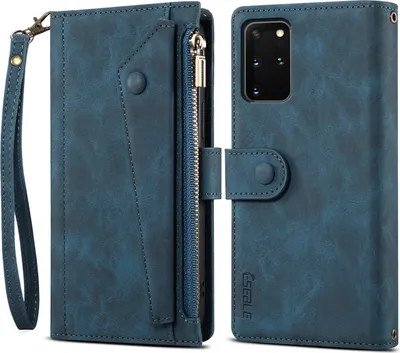 Produktbild von Schutzhülle für Samsung Galaxy S20 Plus / S20 Plus 5G Reißverschluss Hülle, Leder Klapphülle Kartenfach Standfunktion Brieftasche mit Trageband Blau