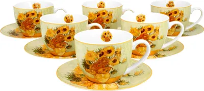 Produktbild von DUO ART GALLERY 6er-Set Tassen 220 ml SUNFLOWERS mit Untertassen, New Bone China Porzellan