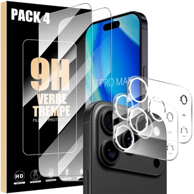 Image de 2 Verres Trempés Ecran et 2 Vitres Caméra Arrière pour iPhone 17 Pro Max, Protection Anti-Rayures