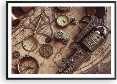 Produktbild von Gerahmtes Poster - Schwarzer Rahmen - Kartographie Vintage Kompass - 100x70 cm - Wand Bild - Wanddeko - Wandbilder - Kunstposter - Wandposter - Bilderrahmen - Bilder - Kunstdruck - P2BAA100x70-4582