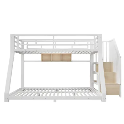 Produktbild von Flieks Etagenbett 90x200cm / 140x200cm mit Led, Kinderbett Hochbett mit Regal und Treppe, Metallbett Jugendbett Einzelbett mit Lattenrost, Weiß