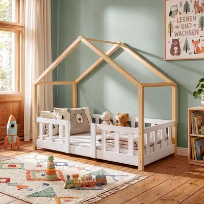 Productafbeelding van Kinderbed "Treviolo" met huiselijke uitstraling, voorzien van valbeveiliging. Gemaakt van dennenhout, afmetingen 70 x 140 cm. Kleur: wit / naturel
