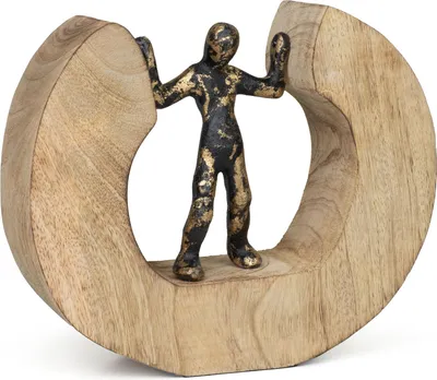Produktbild von Dekofigur Mediator Schwarz-Gold 18,5 cm aus Mangoholz und Aluminium moderne Skulptur Symbol für Balance und Zusammenhalt handgefertigt Unikat