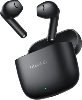 A pair of black Huawei FreeBuds SE 2 wireless earbuds are shown with their charging case.