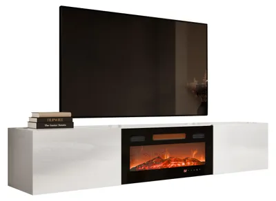Produktbild von Mirjan24 TV-Lowboard Slide 200 mit Elektrischem Kamin, Stilvoll TV Schrank, TV Tisch, LED-Flamme (Farbe: Weiß Matt / Weiß Hochglanz, mit Kamin Schwarz)