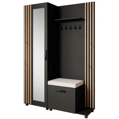 Produktbild von Garderoben-Set LIVIA Rechts Schwarz– Garderobenschrank mit Spiegel, Schuhschrank mit hellbeigem Sitzkissen, Lamellen in Eiche Artisan, Hochschrank