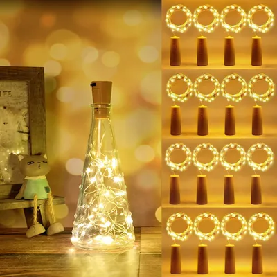 Obrázek produktu pro Světelné ozdobné řetězy do lahví, 12 kusů, délka 2 metry, 20 LED diod, bateriové, teplá bílá barva, LED světelné řetězy do lahví pro vlastní výrobu, dekorace pro interiéry i exteriéry, vhodné pro oslavy