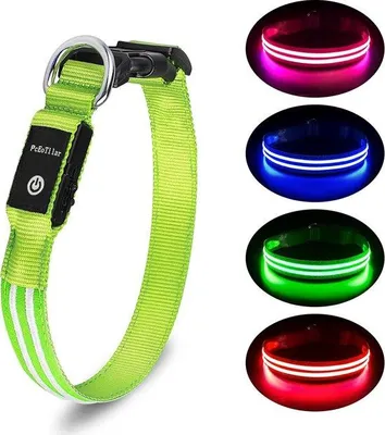 Imagen del producto de Collar LED para perros Unyqoos® (USB, recargable) – impermeable, 3 modos, color verde, talla S, ajustable, 100% poliéster, hasta 10 horas de duración de la luz