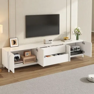 Produktbild von TV-Schrank mit vier Türen und zwei Schubladen, Moderner Wohnzimmer Staurschrank mit bogenförmigen Türen, Wohnzimmer