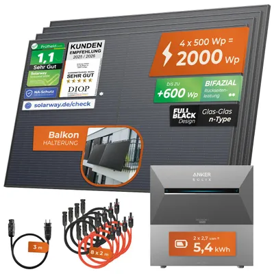 Produktbild von Solarway®️ 2000Wp / 800W Balkonkraftwerk mit 5,4kWh Speicher komplett Steckdose - 5,4 kWh Anker Solix 3 PRO Speicher - Solaranlage Komplettset - 500W Solarmodule & Anker Speicher & Zubehör