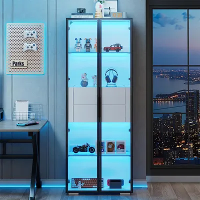 Produktbild von Vitrine mit LED und 2 Schubladen Highboard Wohnzimmerschrank Aufbewahrungsschrank 60*40*160cm