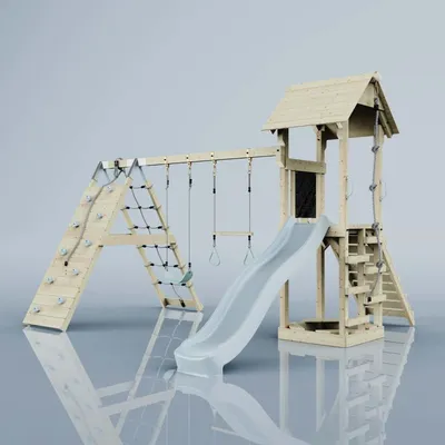 Produktbild von OutdoorToys Spielturm Kiruna aus Holz in Blau Trapezstange