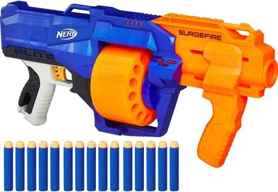 A blue and orange Nerf SurgeFire Blaster with a drum magazine and a row of blue darts below it, all on a white background.