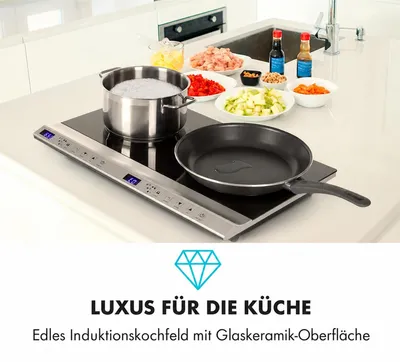 Produktbild von Klarstein Cucinata mobile Kochplatte, Doppel-Induktionskochfeld, 3100W, Touch Control, Topfsensor, Abschalttimer, 10 Stufen, Überhitzungsschutz, Kindersicherung, Glaskeramik, silber