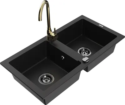 Produktbild von Mexen Mario 2-Becken-Granitspüle mit Mischbatterie Telma, Schwarz - 6504-77-670200-50-B