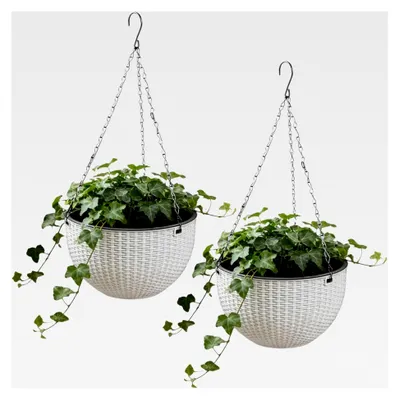 Produktbild von 2er Set Hängende Blumenampeln für Innen, 16,5 cm Kunststoff Blumentöpfe mit Abflussloch und Kette, Hängepflanzen Töpfe für Innen und Außen (Weiß)