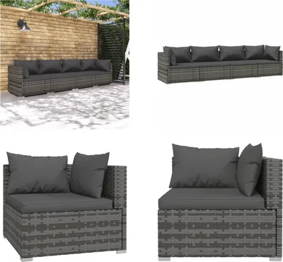 Produktbild von vidaXL 4 tlg. Garten Lounge Set mit Kissen Poly Rattan Grau - Garten-Lounge-Set - Garten-Lounge-Sets - Terrassen-Lounge-Set - Terrassen-Sofa-Set