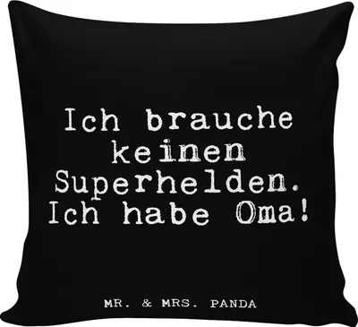 Produktbild von Mr. & Mrs. Panda Kissen 40x40 Ich brauche keinen Superhelden.... - Schwarz - Geschenk, Enkel, Polster, Danke, Dankeschön, Deko, für sofa, kuschelkissen, Lustige Sprüche