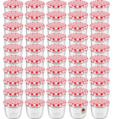 Produktbild von 50 Stück WELLGRO Vorratsglas Einmachgläser Schraubdeckel rot kariert - 230 ml