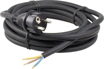A coiled black power cord with a European-style plug and exposed wires.
