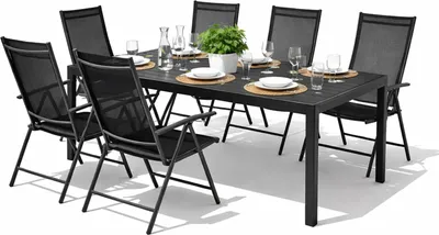 Produktbild von 7tlg Gartenmöbel Set Alu Anthrazit Non-Wood Schwarz 160x90cm + 6 Hochlehner mit Textilen