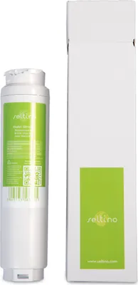 A water filter cartridge and its packaging are displayed side-by-side on a white background.