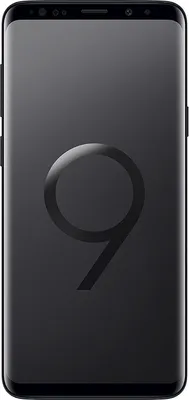 A black Samsung Galaxy S9+ smartphone is shown from the front with a large, stylized number '9' graphic on the screen.