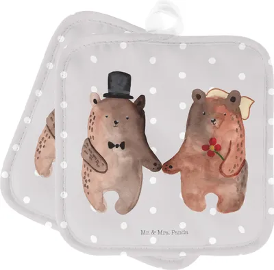 Produktbild von Mr. & Mrs. Panda 2er Set Topflappen  Bär Heirat - Grau Pastell - Geschenk, Teddy, Topfuntersetzer, topfhalter, Topflappenset