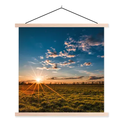 Produktbild von MuchoWow® Textilposter Sonnenuntergang - Natur - Wolken - Gras 120x120 cm mit holzfarbenen Rahmen - Textil-Poster